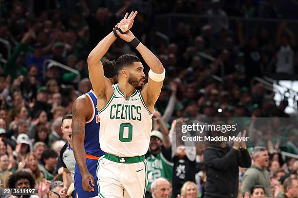Jayson Tatum of the Boston Celtics reacts against the New York Knicks during the first quarter in Game One of the Eastern Conference Second Round NBA...