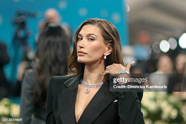 Hailey Bieber attends the 2025 Met Gala Celebrating "Superfine: Tailoring Black Style" at Metropolitan Museum of Art on May 05, 2025 in New York City.