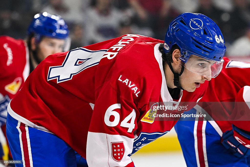 Lhanal Rocker Laval Rocket defenceman David Reinbacher waits for a face-off during ...