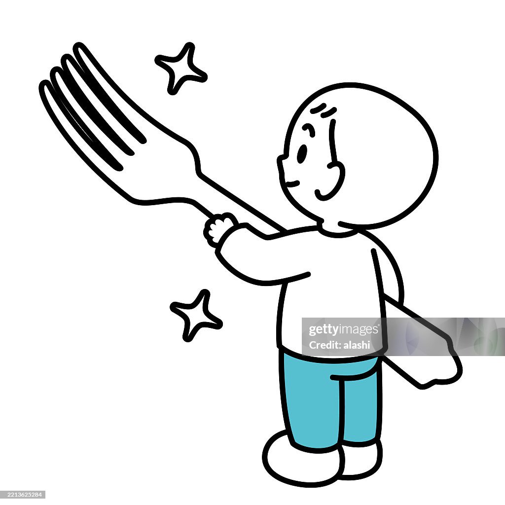 A cute boy holding a big fork. Three-quarter rear view, black outline with flat colors, minimalist style