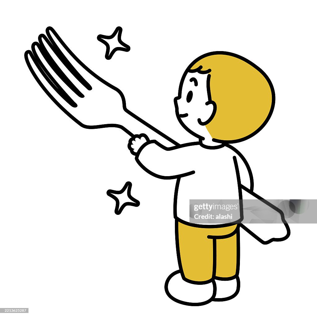 A cute boy holding a big fork. Three-quarter rear view, black outline with flat colors, minimalist style