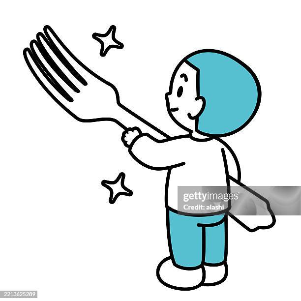 a cute boy holding a big fork. three-quarter rear view, black outline with flat colors, minimalist style - food fight stock illustrations