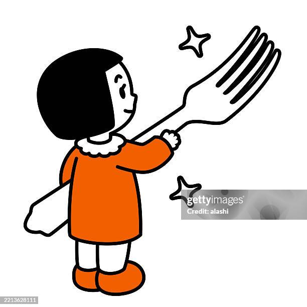a cute girl holding a big fork. three-quarter rear view, black outline with flat colors, minimalist style - food fight stock illustrations