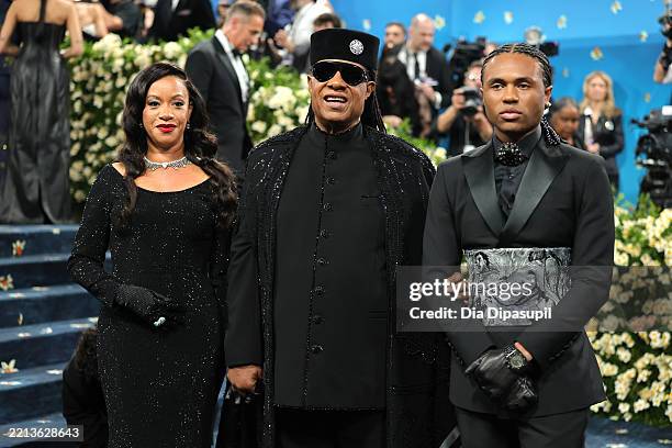 Tomeeka Robyn Bracy, Stevie Wonder, and Kailand Morris attend the 2025 Met Gala Celebrating "Superfine: Tailoring Black Style" at Metropolitan Museum...