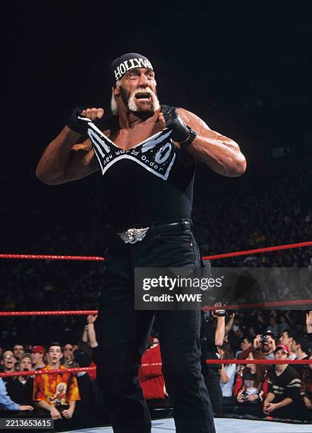 Hulk Hogan as Hollywood Hogan poses in ring during a match while in the WWE.