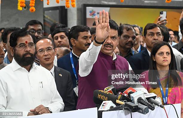 Maharashtra Chief Minister Devendra Fadnavis, Deputy Chief Minister Eknath Shinde and MMRC Managing Director Ashwini Bhide address media during...