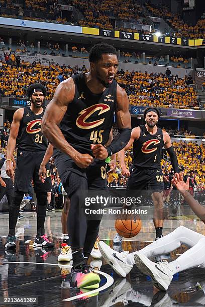 Donovan Mitchell of the Cleveland Cavaliers celebrates during the game against the Indiana Pacers during Round Two Game Three of the 2025 NBA...