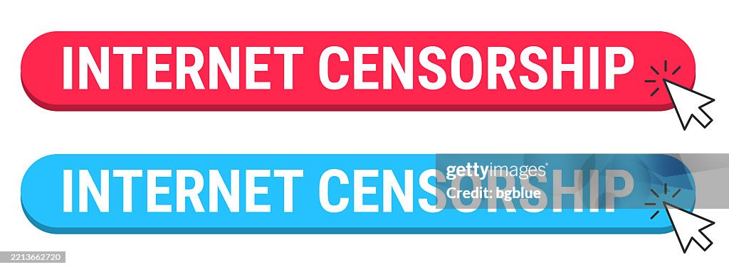 Internet Censorship - Red and Blue buttons with cursor on white background