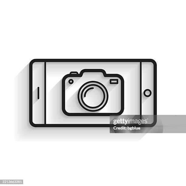 smartphone with camera. line icon with long shadow on white background - camera screen white background stock illustrations