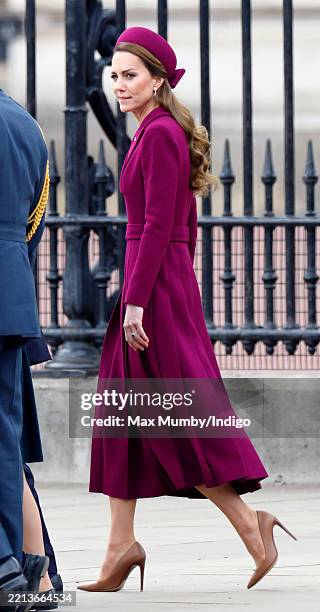 Catherine, Princess of Wales departs Buckingham Palace to watch a military procession, down The Mall, to mark the 80th anniversary of VE Day on May...