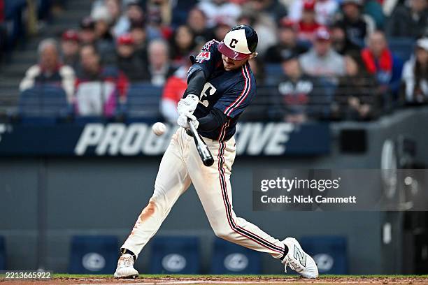 Kyle Manzardo of the Cleveland Guardians hits a solo home run during the fourth inning against the Philadelphia Phillies at Progressive Field on May...