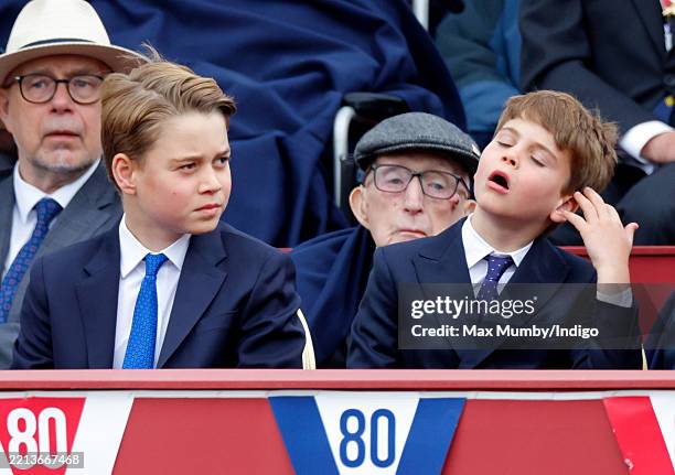Prince George of Wales and Prince Louis of Wales attend a military procession, down The Mall, to mark the 80th anniversary of VE Day on May 5, 2025...