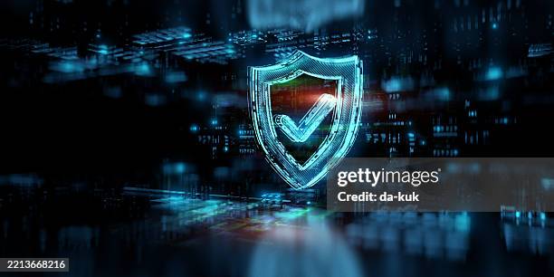 digital shield icon on dark futuristic background. cybersecurity & network security concept. ai based technologies of digital safety - antivirus protection stock pictures, royalty-free photos & images