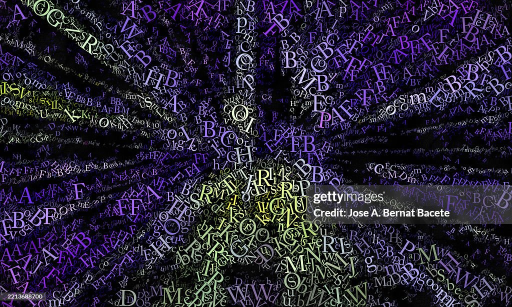 Abstract background, jumbled alphabet letters with vanishing point effect on a black background.