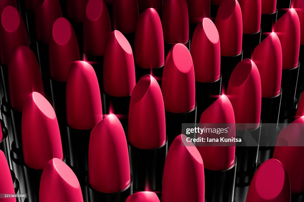 3D vivid pink, red lipsticks arranged in stylish pattern, highlighting their glossy texture and rich color. Fashion, beauty background. Cosmetic products. Perfect for makeup industry visuals.