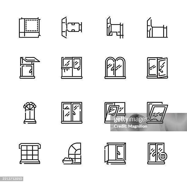 windows and architectural openings, displayed in a uniform grid with editable stroke design - window sill stock illustrations