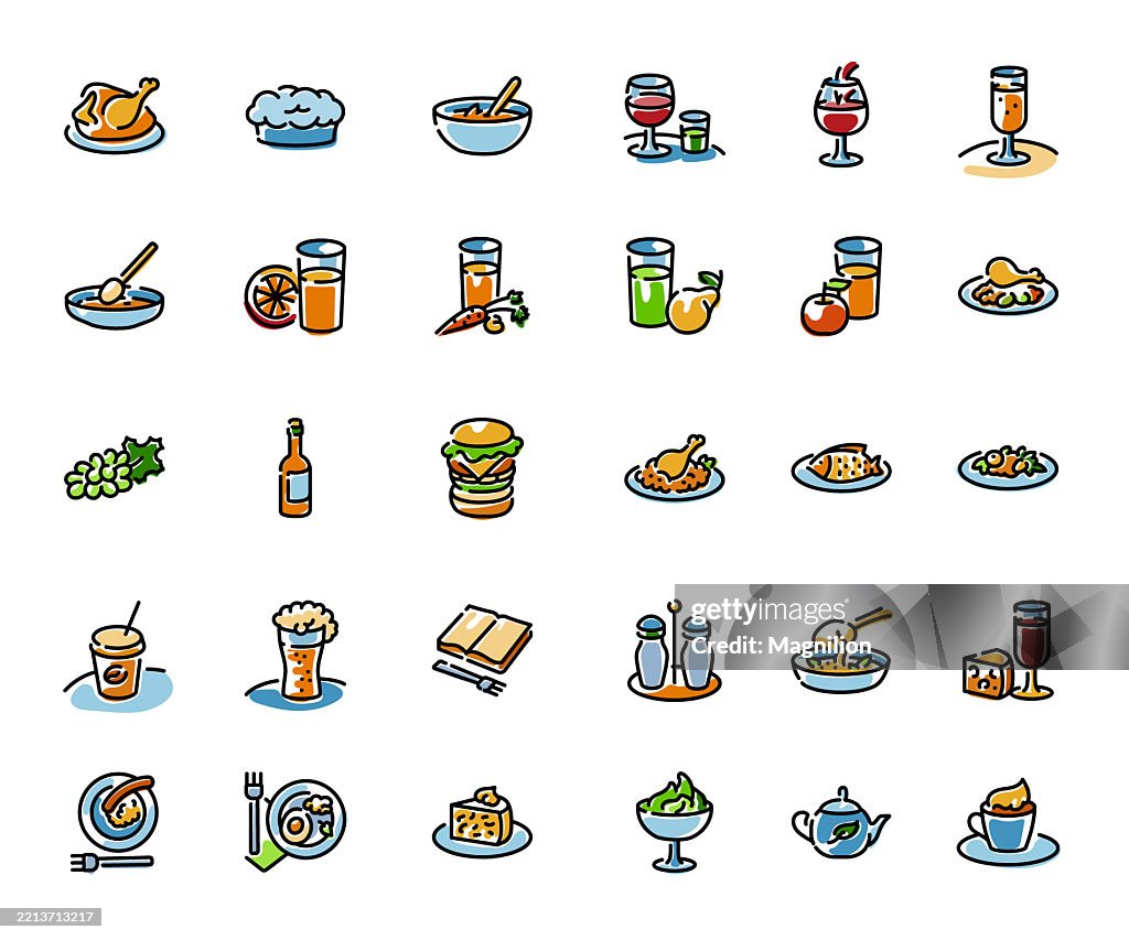 Food and Drink Icons Including Dishes, Beverages, Ingredients, Utensils, and Desserts, Vector Line Icons Set, Editable Stroke