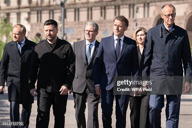 Poland's Prime Minister Donald Tusk, Ukrainian President Volodymyr Zelensky, British Prime Minister Sir Keir Starmer, French President Emmanuel...