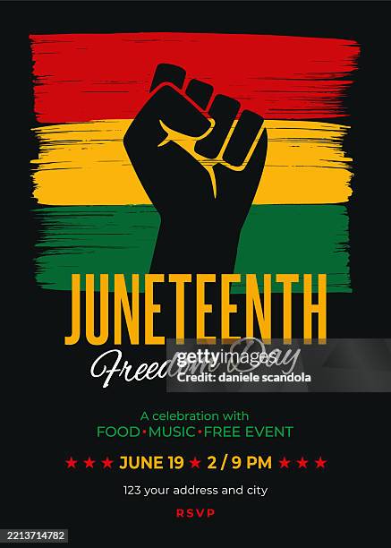 juneteenth party invitation with raised fist. juneteenth independence day. - juneteenth stock illustrations