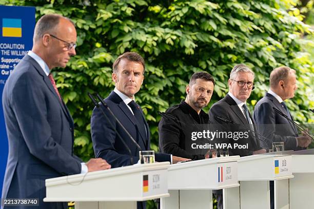 German Chancellor Friedrich Merz, French President Emmanuel Macron, Ukrainian President Volodymyr Zelensky, British Prime Minister Sir Keir Starmer...