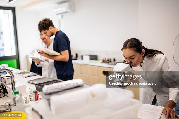 doctor conducting microscopic research in clinic lab - immunology stock pictures, royalty-free photos & images