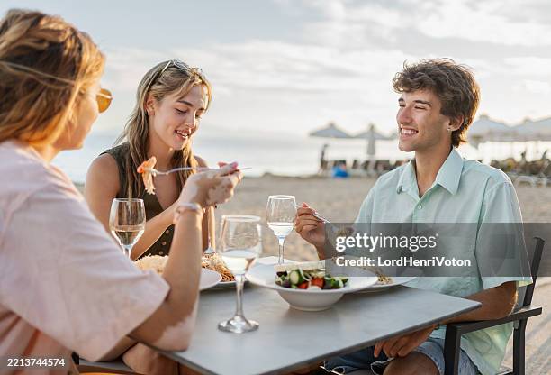 amici che si godono un pasto sulla spiaggia al tramonto - henri coste foto e immagini stock