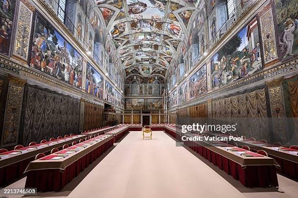 View of the Sistine Chapel on the eve of the conclave on May 06, 2025 in Vatican City, Vatican. On May 7, 133 cardinals will enter the Sistine Chapel...