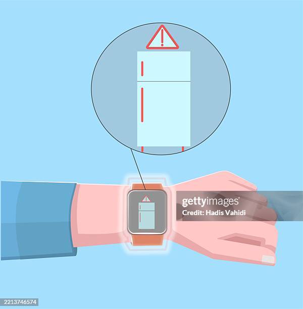 smartwatch alert for refrigerator problem smart home notification concept - smart refridgerator stock illustrations