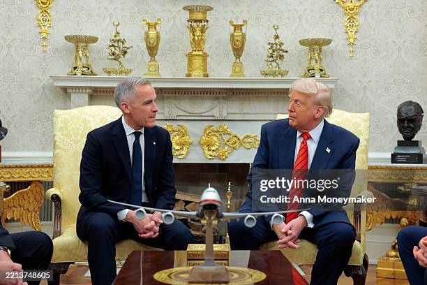 President Donald Trump meets with Canadian Prime Minister Mark Carney in the Oval Office at the White House on May 6, 2025 in Washington, DC. Carney,...
