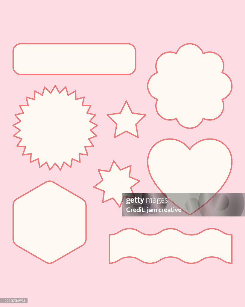 Geometrisches Formenset mit Retro-Umriss – Herzsymbol, Bursts, Banner und Sterne