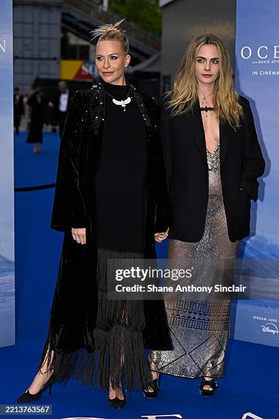 Poppy Delevingne and Cara Delevingne attend the "Ocean With David Attenborough" World Premiere at The Royal Festival Hall on May 06, 2025 in London,...