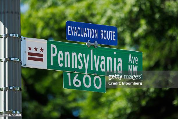 Street sign for 1600 Pennsylvania Avenue, the address of the White House, in Washington, DC, US, on Saturday, May 10, 2025. The legislative push for...