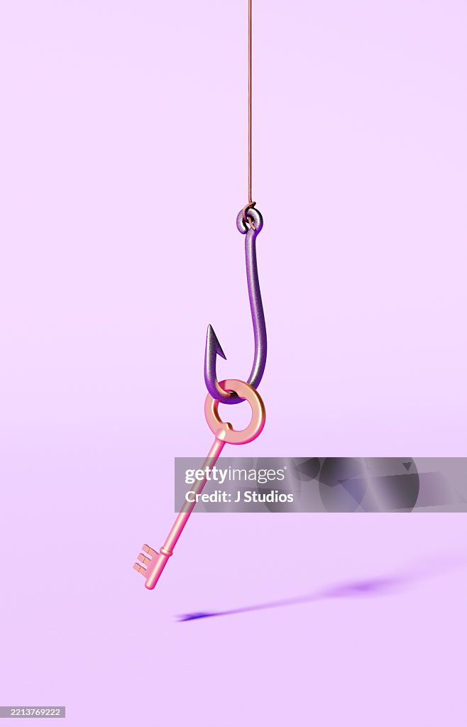Baited Access: Key Hanging from Fishhook as a Symbol of Digital Risk