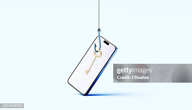 baited access: smartphone under cyber threat - fish hook stock pictures, royalty-free photos & images