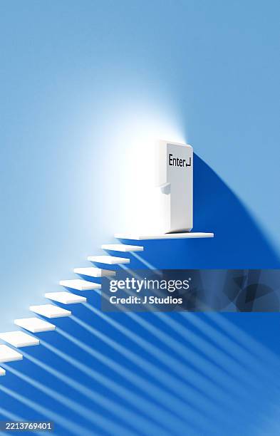 stairs leading to open doorway shaped like enter key with glowing light representing digital innovation - tecla enter fotografías e imágenes de stock