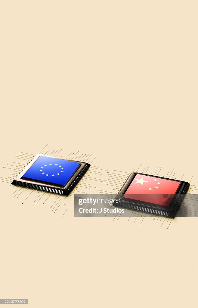 Tech Powerhouses: Chinese and EU Flag-Inspired Computer Chips in Contrast