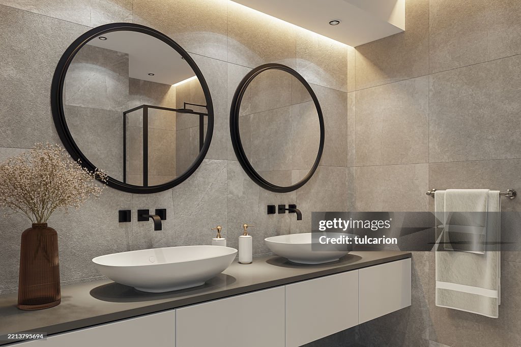 Modern Spa-Inspired Bathroom with Dual Sinks and Natural Stone Tiles