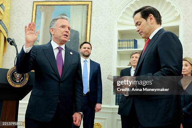 Secretary of State Marco Rubio swears-in Special Envoy to the Middle East Steve Witkoff during a ceremony in the Oval Office at the White House on...