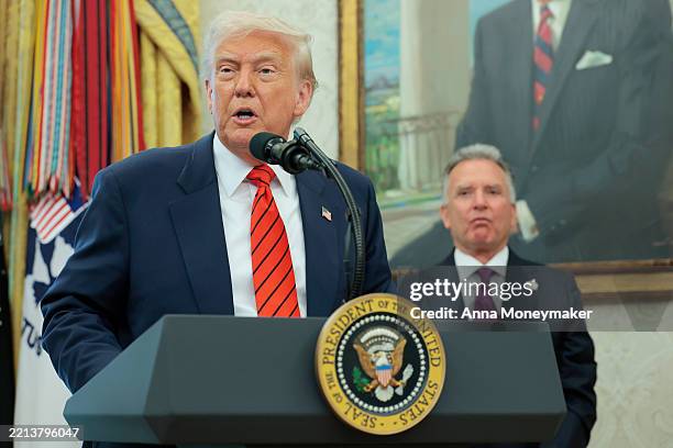 President Donald Trump delivers remarks during a swearing-in ceremony for Special Envoy to the Middle East Steve Witkoff in the Oval Office at the...