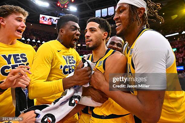 Tyrese Haliburton of the Indiana Pacers after the Pacers celebrates with teammates after defeating the Cleveland Cavaliers in game two of the Eastern...