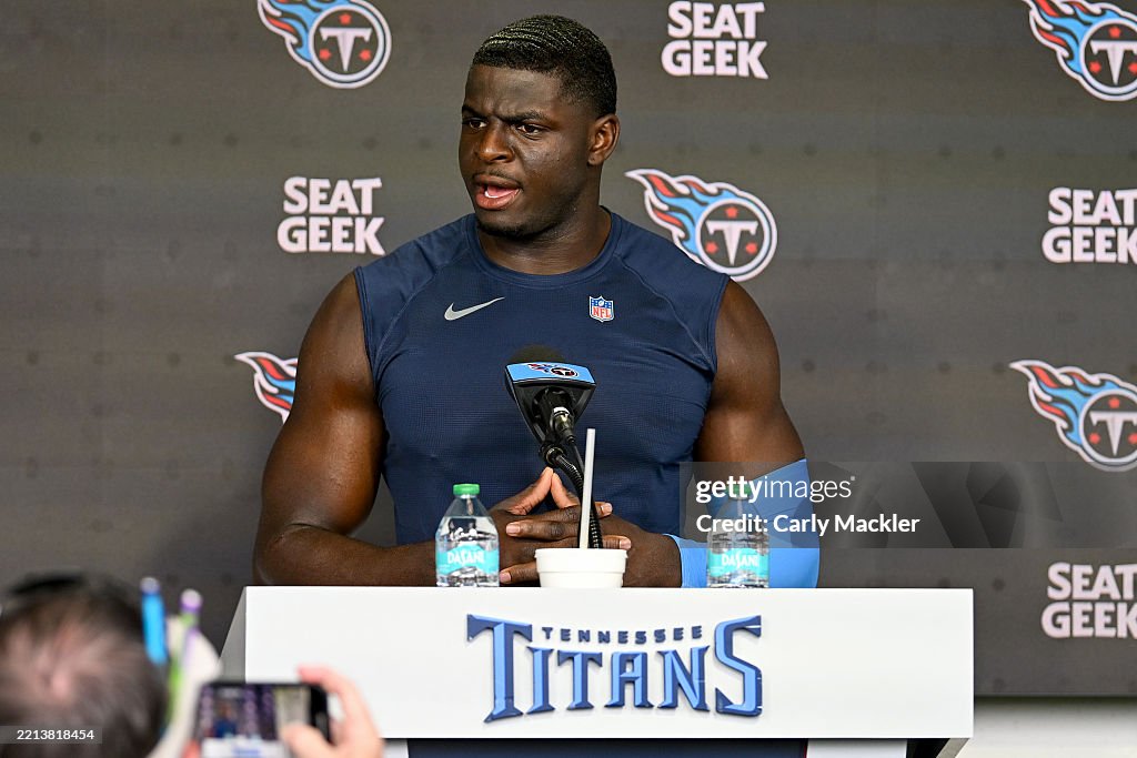 Titans Rookies Oluwafemi Oladejo of the Tennessee Titans speaks to the media during ...
