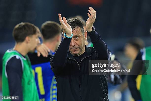 Roberto D'Aversa head coach of Empoli FC greets the fans after during the Serie A match between Empoli and Parma at Stadio Carlo Castellani on May...