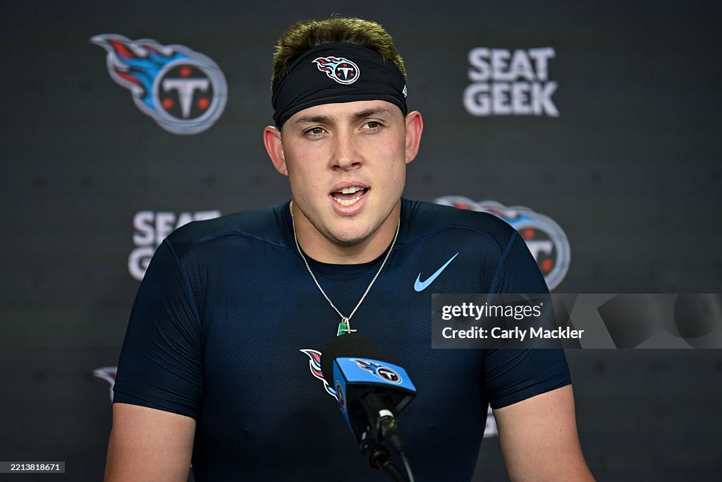 Titans Rookies Gunnar Helm of the Tennessee Titans speaks to media during the... News ...
