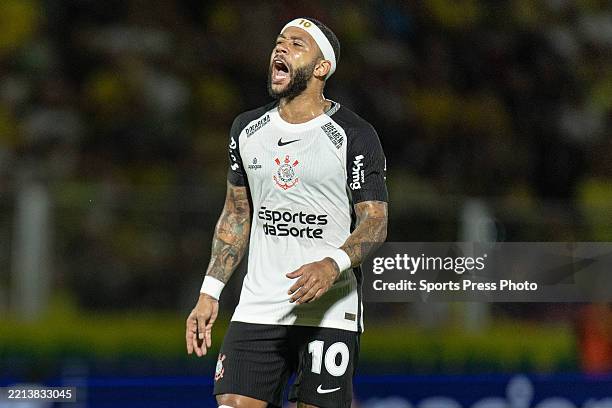 Memphis Depay of Corinthians reacts during a Brasileirao 2025 match between Mirassol and Corinthians at Estadio Municipal Jose Maria de Campos Maia...