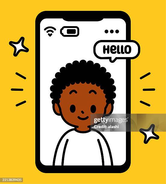 a smartphone screen shows a cute smiling boy. front view, black outline with flat colors, minimalist style - children stars stock illustrations