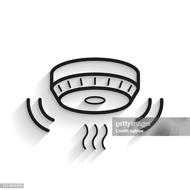 ilustraciones, imágenes clip art, dibujos animados e iconos de stock de detector de humo. icono de línea con sombra larga sobre fondo blanco - smoke-detector-with-smoke