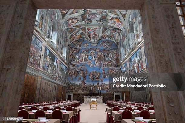 The Sistine Chapel prepared for the conclave in which the new Pope will be elected. Vatican City, May 6th, 2025.