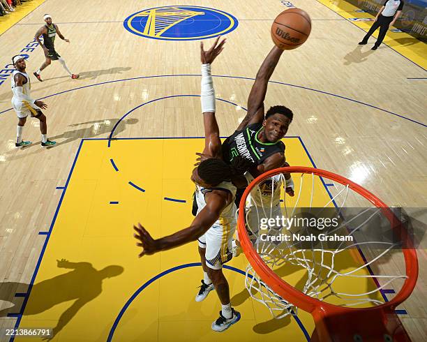Anthony Edwards of the Minnesota Timberwolves dunks the ball during the game against the Golden State Warriors during Round 2 Game 3 of the 2025 NBA...