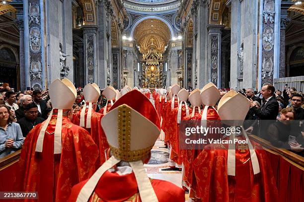 Cardinals attend a mass for the election of the Roman Pontiff, prior to the start of the conclave, at St Peter's Basilica on May 07, 2025 in Vatican...