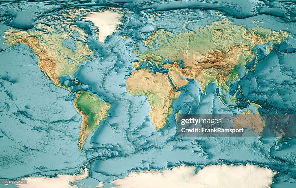 World Map Antarctica Topographic Map Bathymetry 3D Render Color